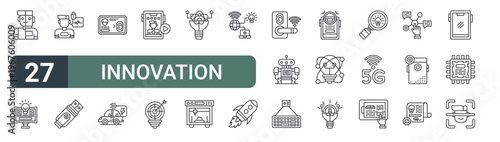 set of 27 thin line innovation icons for web, mobile and digital interfaces including humanoid, innovation, biometric, usb, smart card, electric car, online streaming, strategy and science. editable