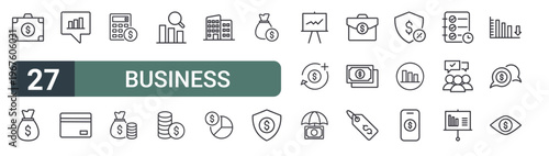 set of 27 thin line business icons for web, mobile and digital interfaces including briefcase, money bag, speech bubble, credit card, technology, cost, graphic, coins and office. editable stroke