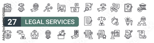 set of 27 thin line legal services icons for web, mobile and digital interfaces including lawsuit, law, tlement, lawyer, legal service, protection, auction, legal services and land. editable stroke