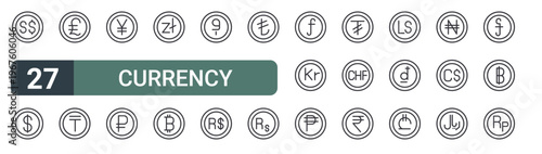 set of 27 thin line currency icons for web, mobile and digital interfaces including currency, us dollar, lira, tenge, japanese yen, ruble, zloty, baht and currency. editable stroke vector