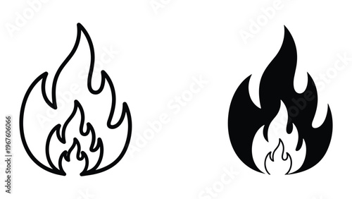 Black and white flame icons in different styles isolated on white background for various design uses