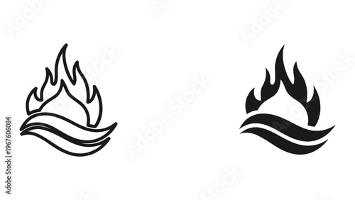 Black and white flame wave icons set on isolated white background for design