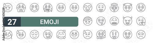set of 27 thin line emoji icons for web, mobile and digital interfaces including frown, monocle, shocked, confusing, cute, calm, cold, embarrased and neutral. editable stroke vector