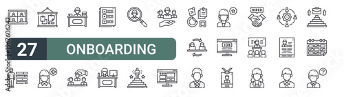 set of 27 thin line onboarding icons for web, mobile and digital interfaces including video conference, skills, mood board, add user, desk, new hire, job description, workspace and job search.