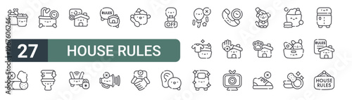 set of 27 thin line house rules icons for web, mobile and digital interfaces including garbage, no smoking, shower, toilet, rent, internet, house rules, no noise and cooking. editable stroke vector