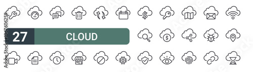 set of 27 thin line cloud computing icons for web, mobile and digital interfaces including wrench, recording, dashboard, report, chat, clock, spam, shop and update. editable stroke vector