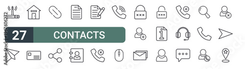 set of 27 thin line contacts icons for web, mobile and digital interfaces including contacts, contacts, and editable stroke vector