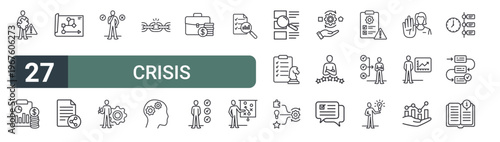 set of 27 thin line crisis management icons for web, mobile and digital interfaces including solution, finance calculation, flowchart, share post, decision making, mechanic guy, weakness, abilities