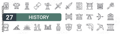 set of 27 thin line history icons for web, mobile and digital interfaces including painting, prehistoric man, armor, pyramid, pillar, gold, bone, stonehenge and obelisk. editable stroke vector