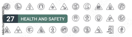 set of 27 thin line health and safety signs icons for web, mobile and digital interfaces including dont eat, danger, no fire allowed, radioactive pollution, electrocution, wash hands, ear