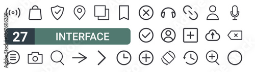 set of 27 thin line interface icons for web, mobile and digital interfaces including wifi connection, chat comment, shopping bag, camera, security, search, placeholder, arrows and layers. editable