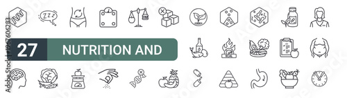 set of 27 thin line nutrition and diet icons for web, mobile and digital interfaces including proteins, psychology, sleeping, healthy food, metabolism, dieting, weight scale, salt and balanced diet.