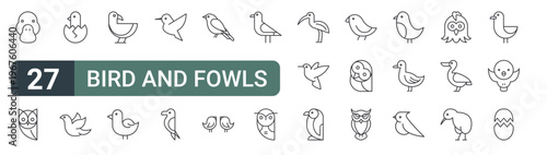set of 27 thin line bird and fowls icons for web, mobile and digital interfaces including duck, owl, chick, dove, seagull, bird, bird, and editable stroke vector