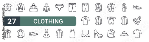 set of 27 thin line clothing icons for web, mobile and digital interfaces including baby clothes, jacket, karate, hoodie, winter hat, footwear, winter jacket, dress and panties. editable stroke