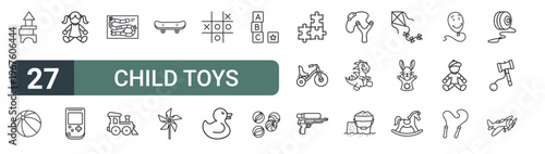 set of 27 thin line child toys icons for web, mobile and digital interfaces including wooden blocks, beach ball, doll, game console, board game, train toy, skate board, pinwheel and tic tac toe.