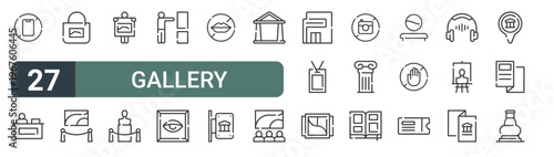 set of 27 thin line gallery icons for web, mobile and digital interfaces including no smartphones, information desk, shopping bag, exhibition, exhibition, statue, art show, eye and silence. editable
