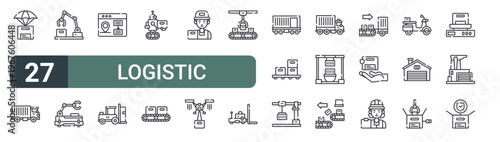 set of 27 thin line logistic icons for web, mobile and digital interfaces including supply drop, delivery truck, robotic arm, agv robot, tracking, forklift, agv robot, conveyor belt and delivery