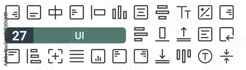 set of 27 thin line ui icons for web, mobile and digital interfaces including bottom alignment, top alignment, bottom alignment, left align, plus, bottom justify and left align. editable stroke
