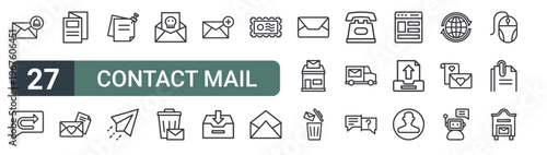 set of 27 thin line contact mail icons for web, mobile and digital interfaces including notification, auto reply, flyer, love letter, sticky note, paper plane, blackmail, junk mail and new message.