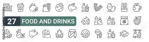 set of 27 thin line food and drinks icons for web, mobile and digital interfaces including canned food, lemonade, coffee, oil, tomato, pig, flour mill, bread and cookie. editable stroke vector