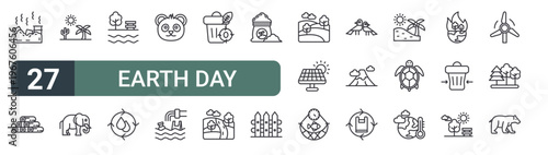 set of 27 thin line earth day icons for web, mobile and digital interfaces including landfill, deforestation, desert, elephant, lake, water conservator, panda, water pollution and zero waste.