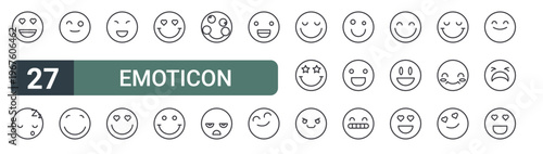 set of 27 thin line emoticon icons for web, mobile and digital interfaces including in love, sleepy, wink, happy, happy, in love, love, smile and crazy. editable stroke vector