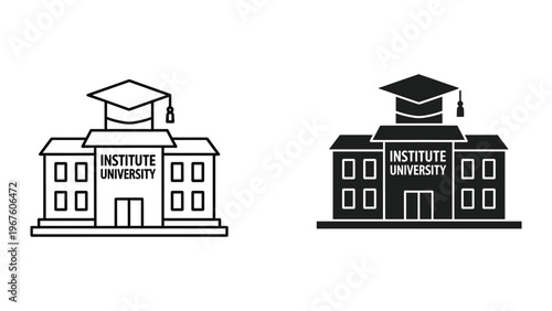 Vector illustration of institute university buildings with graduation caps on top in black and white line art style