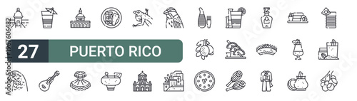 set of 27 thin line puerto rico icons for web, mobile and digital interfaces including monument, parrot, mavi, bordonua, cementery, dress, tamales, chi chi and emerald frog. editable stroke vector