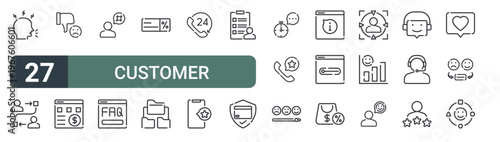 set of 27 thin line customer experience icons for web, mobile and digital interfaces including angry customer, interaction, thumbs down, paid service, feedback, faq, discount, use case and hours