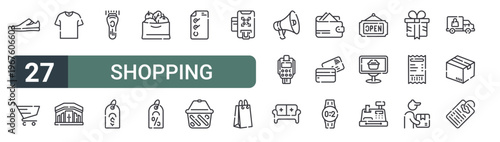set of 27 thin line shopping icons for web, mobile and digital interfaces including shoes, trolley, shirt, shopping mall, barcode scanner, price tag, groceries, discount and list. editable stroke