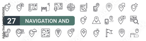 set of 27 thin line navigation and map icons for web, mobile and digital interfaces including shopping, loading, photo, rush hour, history, restaurant, start, target and microphone. editable stroke