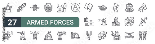 set of 27 thin line armed forces icons for web, mobile and digital interfaces including military ship, soldier saluting flag, rocket, shooting, airplane flag, observation post, armed forces, tent