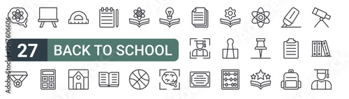 set of 27 thin line back to school icons for web, mobile and digital interfaces including brain, medal, board, calculator, ruler, school, note, open book and science book. editable stroke vector