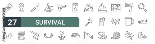 set of 27 thin line survival icons for web, mobile and digital interfaces including flashlight, food ration, location, blanket, knife, hand axe, celestial, hammock and firearm. editable stroke
