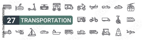 set of 27 thin line transportation icons for web, mobile and digital interfaces including double decker, pickup truck, submarine, helicopter, kick scooter, sailboat, tram, car and carriage. editable