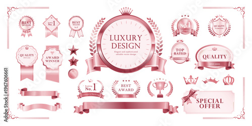 Rose Gold Badge and Label Set – Elegant Award Ribbon, Laurel Wreath, Crown, Trophy Icons | Luxury Vector