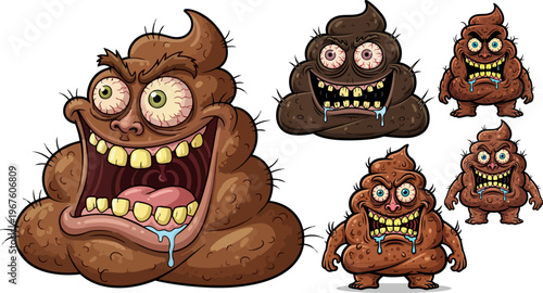 Funny poop characters, cartoon feces icons, smiling brown monsters, vector emoticons