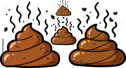 Brown poop icons, toilet humor symbols, vector pile emojis, cartoon feces