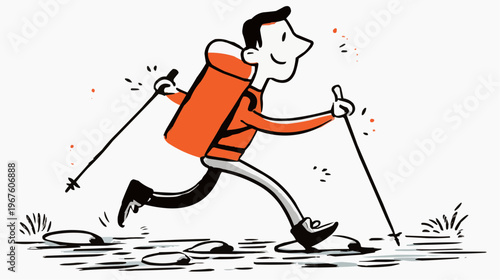 Flat vector illustration of a bold hiker crossing a stream with trekking poles, suitable for outdoor adventure blogs or travel promotions.