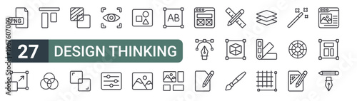 set of 27 thin line design thinking icons for web, mobile and digital interfaces including png, resize, top alignment, rgb, transparency, intersect, vision, adjust and shapes. editable stroke vector