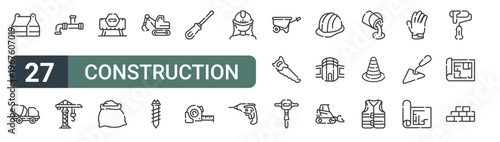 set of 27 thin line construction icons for web, mobile and digital interfaces including tool box, mixer truck, plumbing, tower crane, stop, cement, excavator, screw and screwdriver. editable stroke