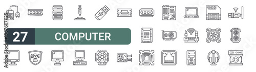 set of 27 thin line computer icons for web, mobile and digital interfaces including charger, computer, ram, malware, database, monitor, thermal paste, computer and usb drive. editable stroke vector