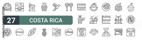 set of 27 thin line costa rica icons for web, mobile and digital interfaces including gold rush, patacones, sun, hola, coffee, suroard, pottery, pine and hummingbird. editable stroke vector