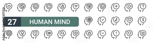 set of 27 thin line human mind icons for web, mobile and digital interfaces including cloud, management, balance, idea, happy, location, time, views and shopping bag. editable stroke vector