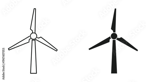 Two black and white wind turbine icons isolated on white background for energy concepts