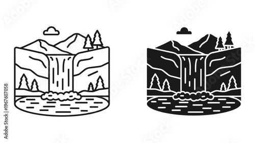 Black and white illustration of two waterfall scenes in mountains
