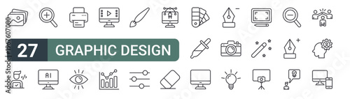 set of 27 thin line graphic design icons for web, mobile and digital interfaces including picture, web de, zoom in, software, printer, vision, editing, progress and brush. editable stroke vector