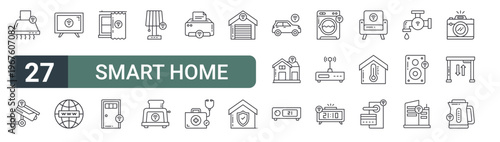 set of 27 thin line smart home icons for web, mobile and digital interfaces including kitchen hood, security camera, smart tv, semantic web, smart curtain, door, lamp, toaster and printer. editable