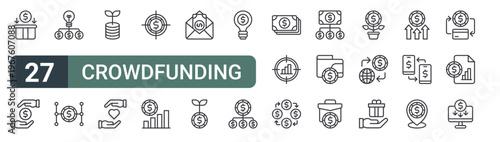 set of 27 thin line crowdfunding icons for web, mobile and digital interfaces including donate, donate, finance, crowdfunding, finance, charity, target, finance and editable stroke vector