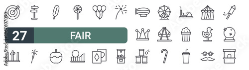 set of 27 thin line fair icons for web, mobile and digital interfaces including dart, ring toss,, sparkler, corn dog, caramelized, lollipop, roller coaster and balloons. editable stroke vector